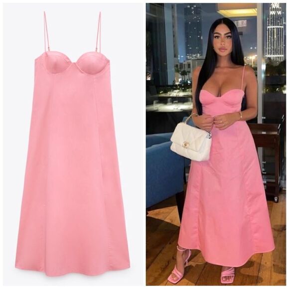 Zara Poplin Midi Dress Light Pink New - Picture 1 of 6